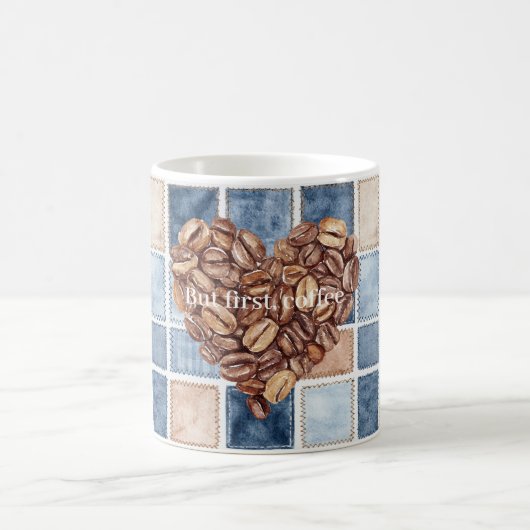 Faux Blue Cream Denim First Coffee Beans Heart コーヒーマグカップ (中央)