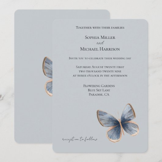 Faux Blue Denim Butterfly Wedding 招待状 (正面/裏面)