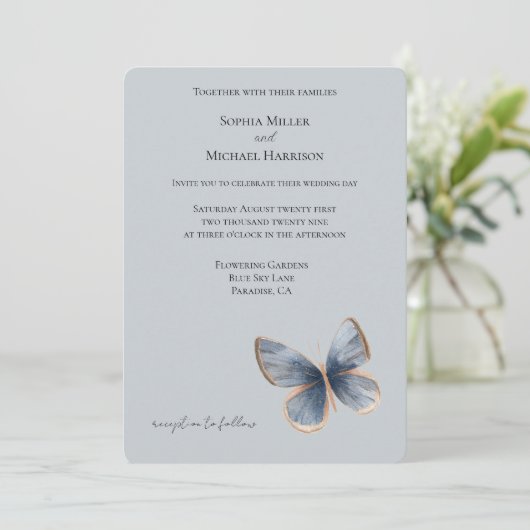 Faux Blue Denim Butterfly Wedding 招待状 (スタンド正面)