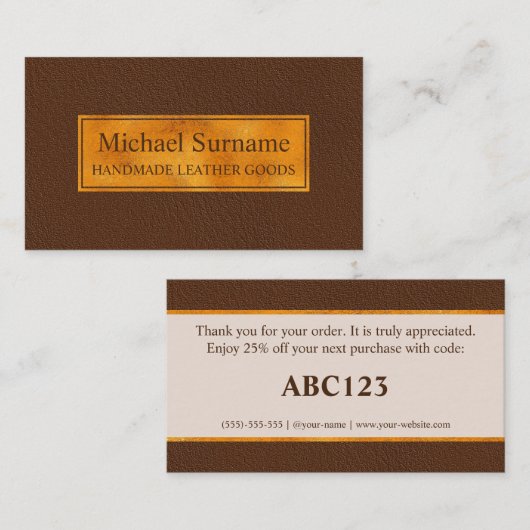 Faux Brown Leather Texture With Gold Foil Banner 名刺 (正面/裏面)