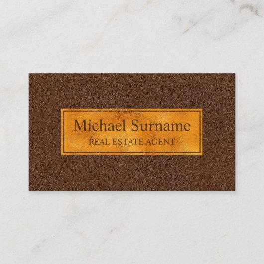 Faux Brown Leather Texture With Gold Foil Banner 名刺 (正面)