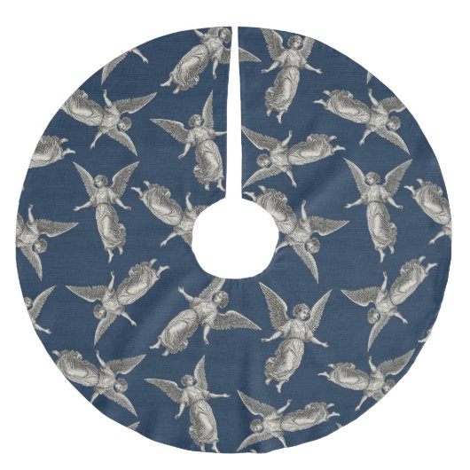 Faux burlap navy blue Angel traditional Christmas ブラッシュドポリエステルツリースカート (正面)