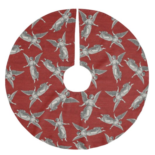 Faux burlap red Angel traditional Christmas ブラッシュドポリエステルツリースカート (正面)