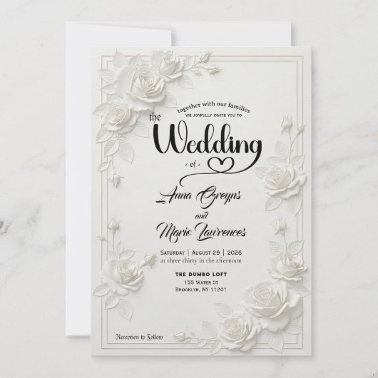 Faux Carved White Rose Bas Relief Floral Wedding  招待状 (正面)
