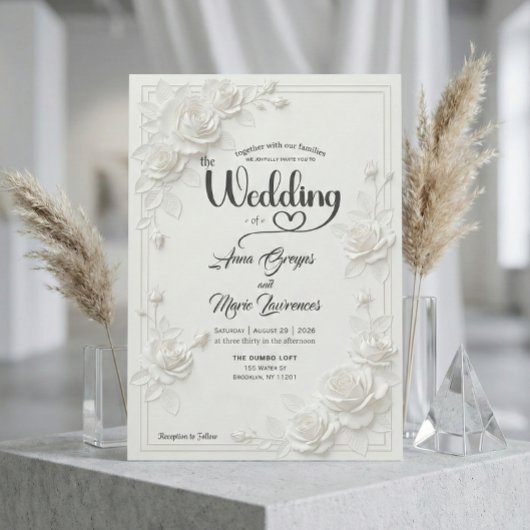 Faux Carved White Rose Bas Relief Floral Wedding  招待状