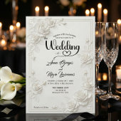 Faux Carved White Rose Bas Relief Floral Wedding  招待状
