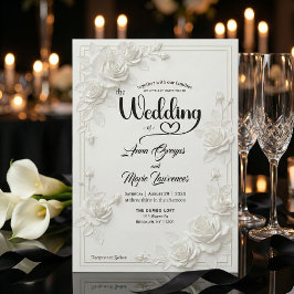 Faux Carved White Rose Bas Relief Floral Wedding  招待状