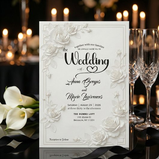 Faux Carved White Rose Bas Relief Floral Wedding 招待状