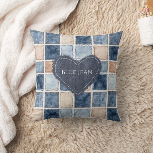 Faux Cream Denim Blue Jean Heart クッション (ブランケット)