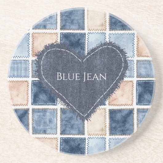 Faux Cream Denim Blue Jean Heart コースター (正面)
