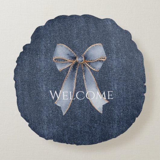 Faux Denim Blue Jean Bow ラウンドクッション (正面)