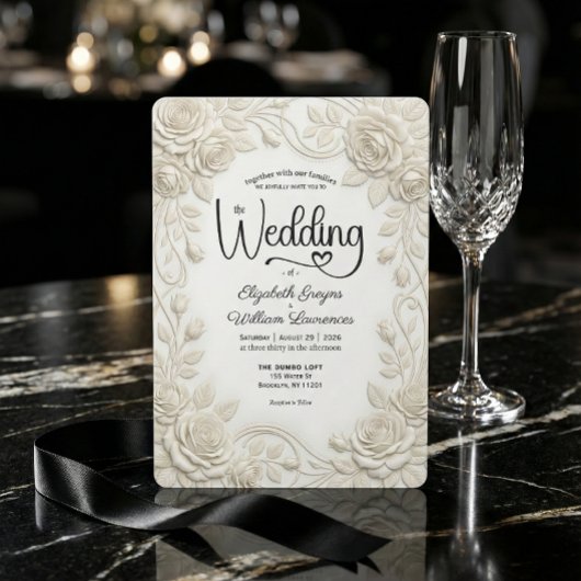 Faux Embossed 3D Cream Rose Bas Relief Wedding  招待状