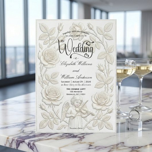 Faux Embossed 3D Floral Bas-Relief Effect 招待状