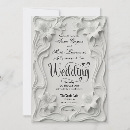 Faux Embossed 3D Floral Frame Pearl Wedding  招待状 (正面)