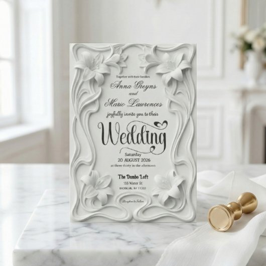 Faux Embossed 3D Floral Frame Pearl Wedding  招待状