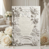 Faux Embossed 3D White Rose Floral Relief Wedding  招待状