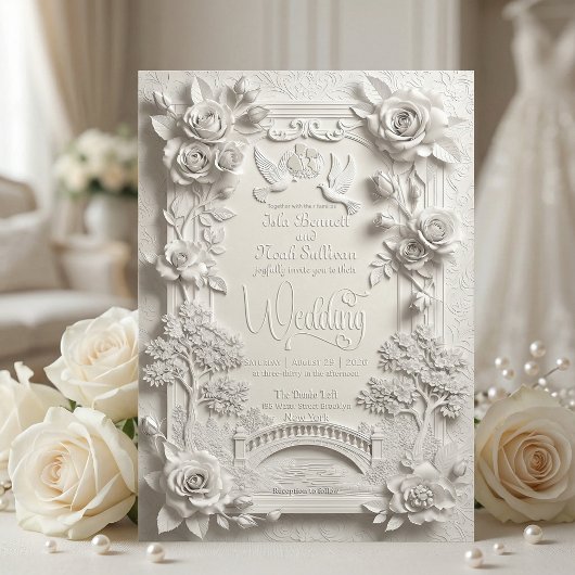 Faux Embossed 3D White Rose Floral Relief Wedding  招待状