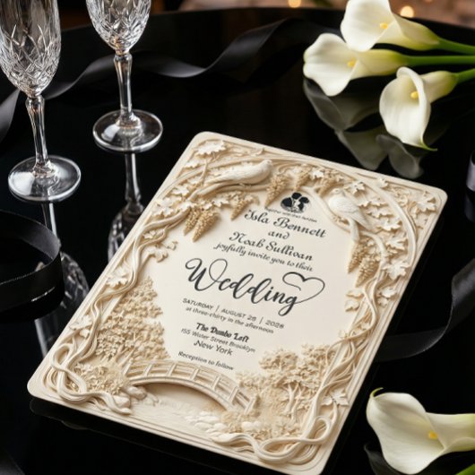 Faux Embossed Carved Cream Bas Relief Wedding 招待状