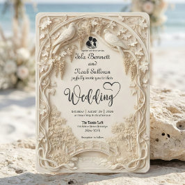 Faux Embossed Carved Cream Bas Relief Wedding 招待状