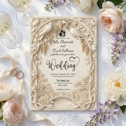 Faux Embossed Carved Cream Bas Relief Wedding 招待状