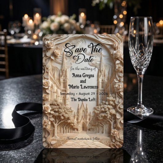 Faux Embossed Cathedral Arch Floral Relief セーブザデート