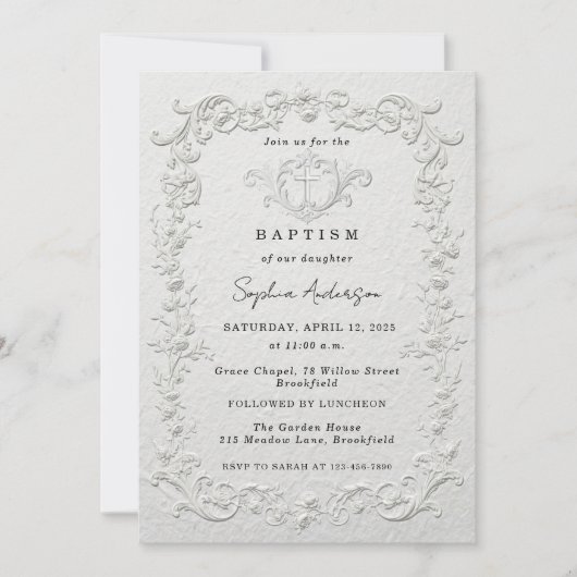Faux Embossed Floral Baptism Invitation 招待状 (正面)