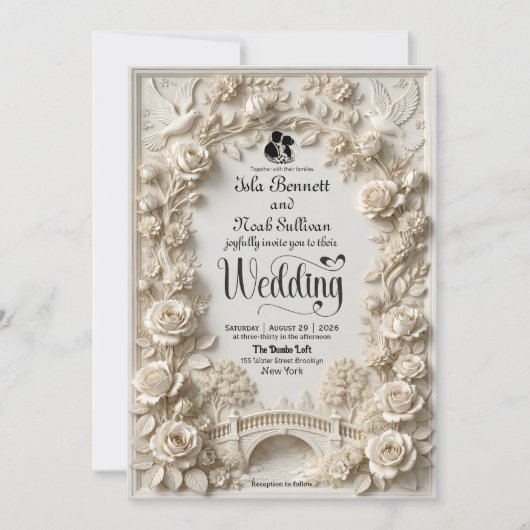 Faux Embossed Floral Relief Effect Classic Wedding 招待状 (正面)