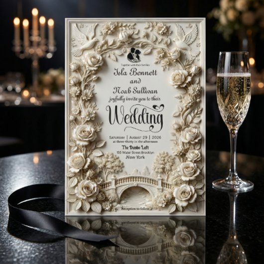 Faux Embossed Floral Relief Effect Classic Wedding 招待状