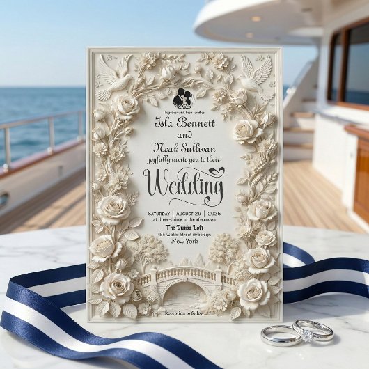 Faux Embossed Floral Relief Effect Classic Wedding 招待状