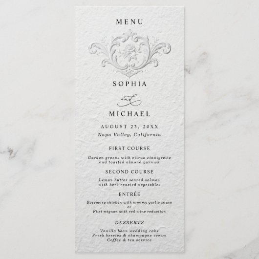 Faux Embossed Floral Wedding Flat Menu メニュー (正面)