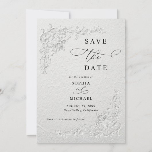 Faux Embossed Floral Wedding Save the Date I 招待状 (正面)