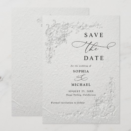 Faux Embossed Floral Wedding Save the Date  I 招待状 (正面/裏面)