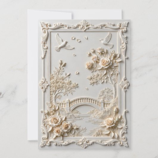 Faux Embossed Ivory Floral Scenic Relief Wedding 招待状 (裏面)