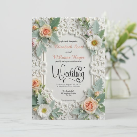 Faux Embossed Ornate Rococo Formal Wedding 招待状 (スタンド正面)