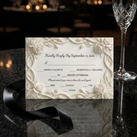 Faux Embossed Plaster White Floral Relief 出欠カード