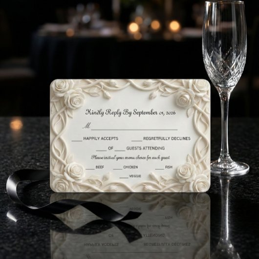 Faux Embossed Plaster White Floral Relief 出欠カード