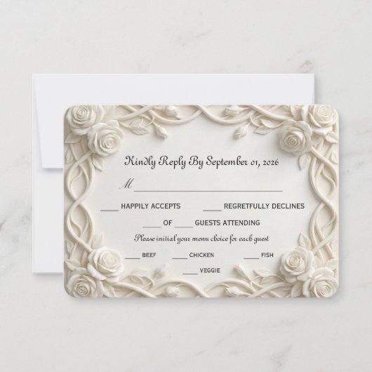 Faux Embossed Plaster White Floral Relief 出欠カード (正面)