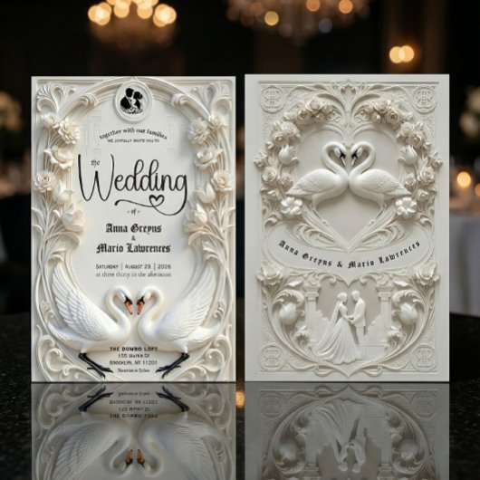 Faux Embossed Relief Sculpted Swans Wedding  招待状