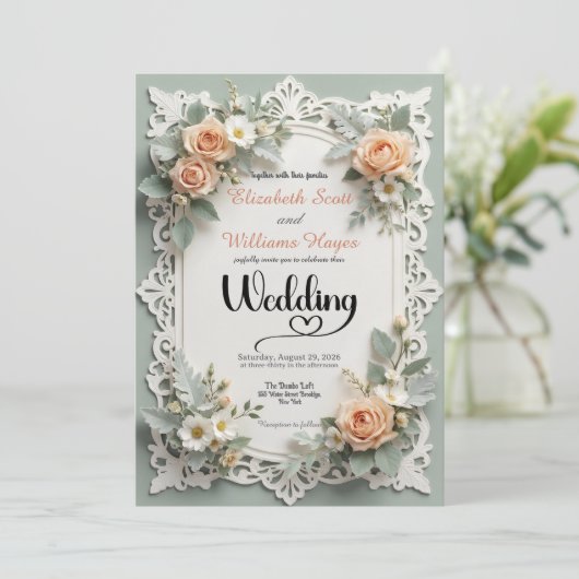 Faux Embossed Romantic Floral Summer Wedding 招待状 (スタンド正面)