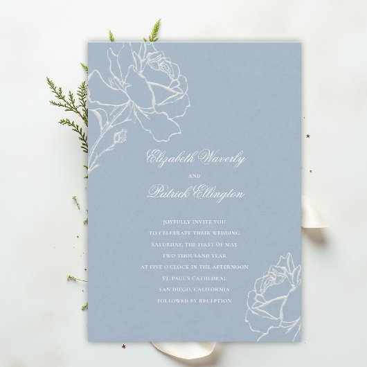 Faux Embossed Roses Blue Formal Classic Wedding 招待状