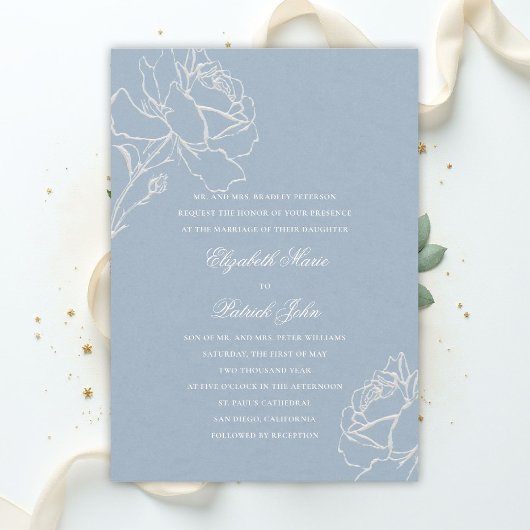 Faux Embossed Roses Blue Formal Parents Wedding 招待状