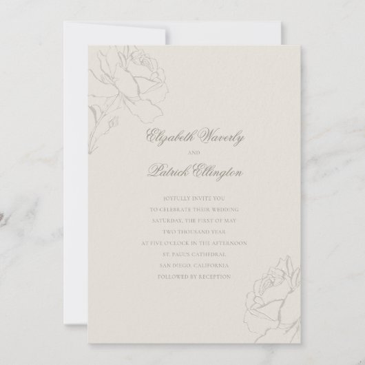 Faux Embossed Roses Ecru Modern Classic Wedding 招待状 (正面)