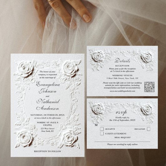Faux Embossed Roses Elegant Script Details Wedding エンクロージャーカード