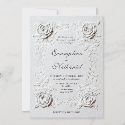  Faux Embossed Roses Elegant Script Formal Wedding 招待状 (正面)