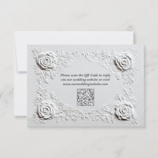 Faux Embossed Roses Elegant Script QR Code Wedding 出欠カード (裏面)