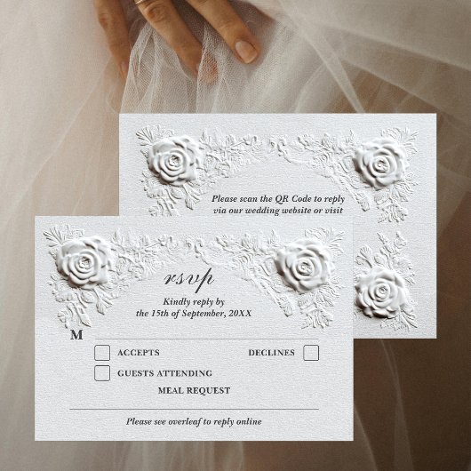 Faux Embossed Roses Elegant Script QR Code Wedding 出欠カード