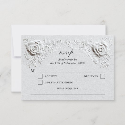 Faux Embossed Roses Elegant Script Wedding 出欠カード (正面)