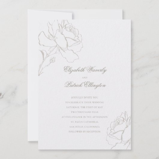 Faux Embossed Roses Pearl Formal Classic Wedding 招待状 (正面)