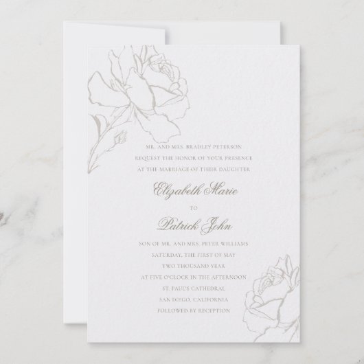 Faux Embossed Roses Pearl Formal Parents Wedding 招待状 (正面)