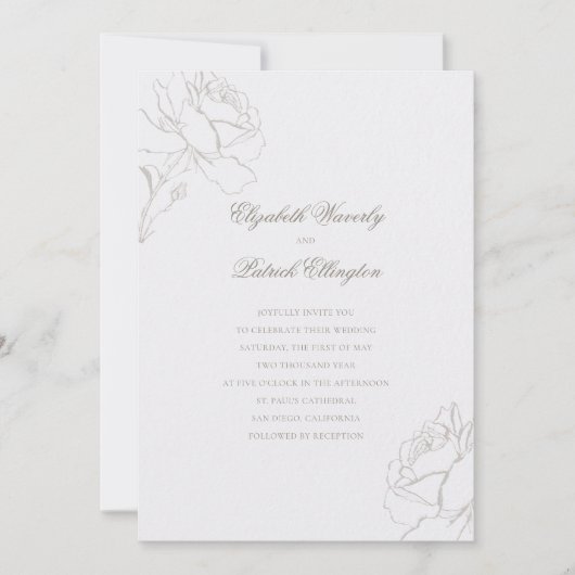 Faux Embossed Roses Pearl Modern Classic Wedding 招待状 (正面)